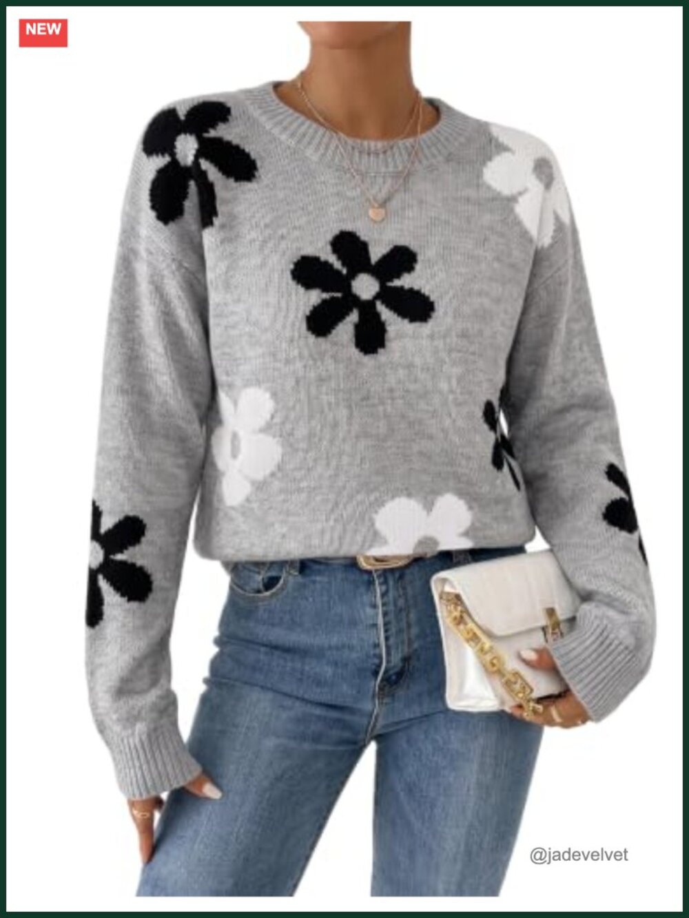 Womens Oversized Floral Chunky Knit Pullover Sweater Crewneck Long Sleeve Drop